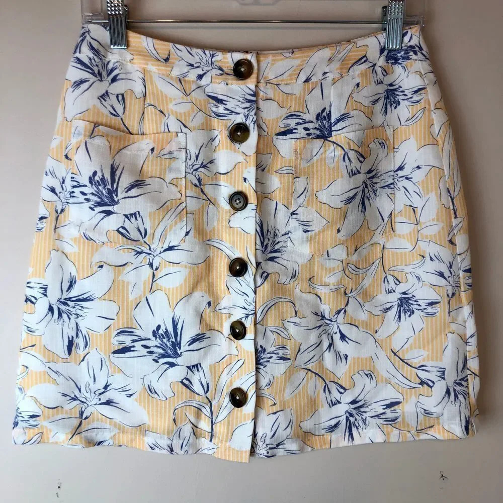 Lost + Wander | Yellow Floral Button Mini Skirt